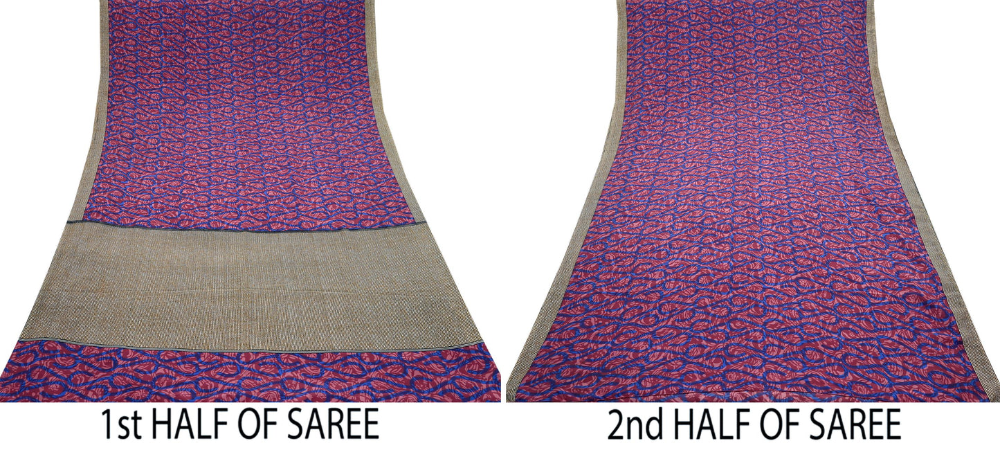 Indian Vintage Sari Pink & Blue Artificial silk Printed Sarees 5yd Craft Fabric Sewing Floral Soft Dress making Quilting Crafting Upcycle