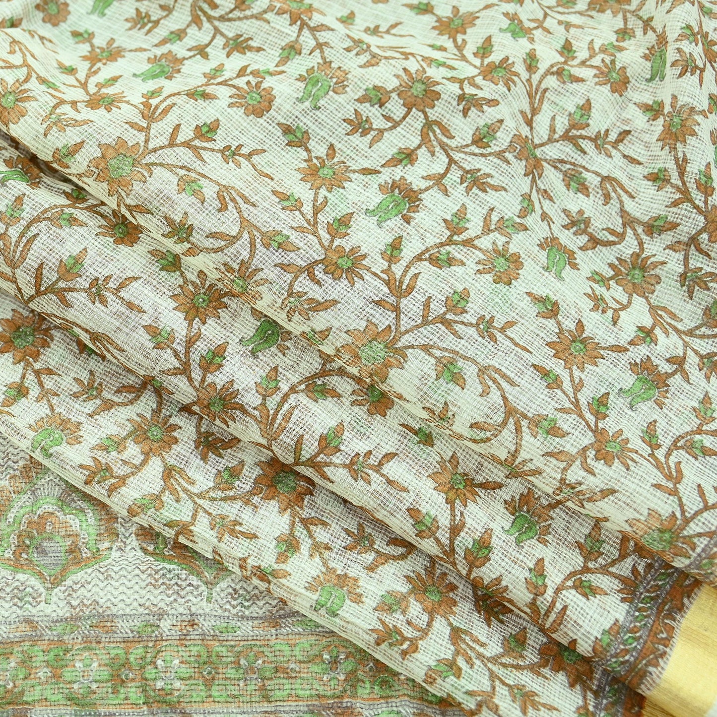 Indian Vintage Ivory Sarees Pure Cotton Block Printed Sari 5yd Sewing Craft Fabric DressMaking Soft Crafting Quilting Upcycle Zari