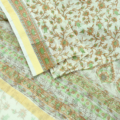 Indian Vintage Ivory Sarees Pure Cotton Block Printed Sari 5yd Sewing Craft Fabric DressMaking Soft Crafting Quilting Upcycle Zari