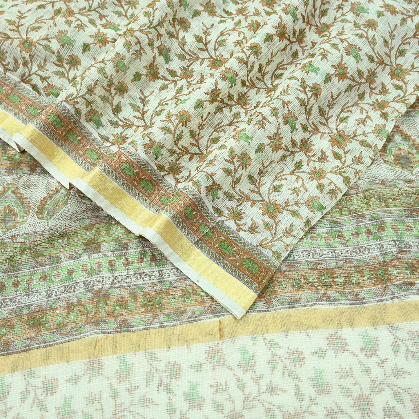 Indian Vintage Ivory Sarees Pure Cotton Block Printed Sari 5yd Sewing Craft Fabric DressMaking Soft Crafting Quilting Upcycle Zari