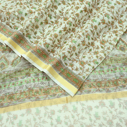 Indian Vintage Ivory Sarees Pure Cotton Block Printed Sari 5yd Sewing Craft Fabric DressMaking Soft Crafting Quilting Upcycle Zari