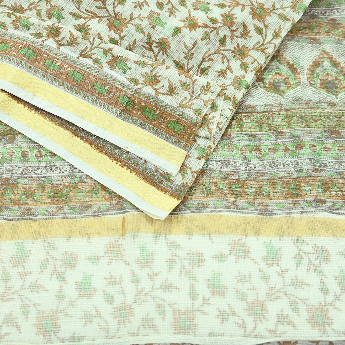 Indian Vintage Ivory Sarees Pure Cotton Block Printed Sari 5yd Sewing Craft Fabric DressMaking Soft Crafting Quilting Upcycle Zari