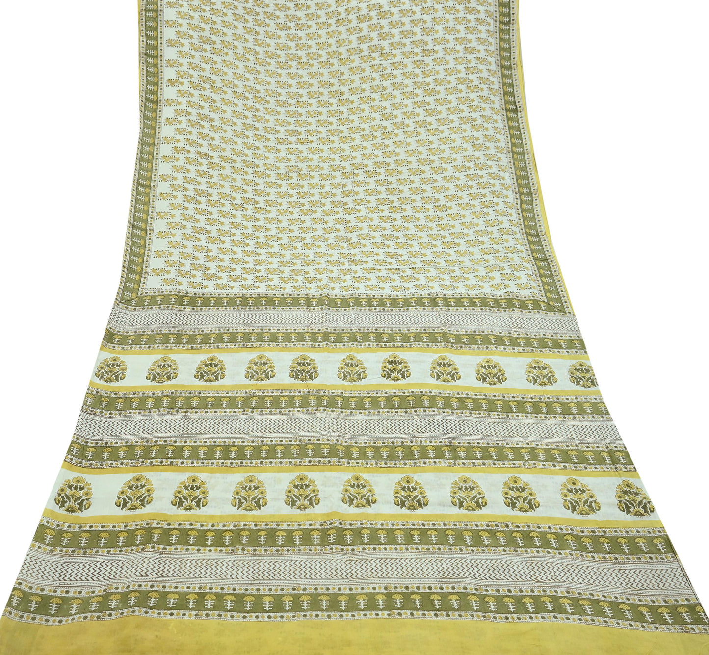 Indian Vintage Ivory Sarees Pure Cotton Block Printed Sari 5yd Sewing Craft Fabric DressMaking Soft Crafting Quilting Upcycle