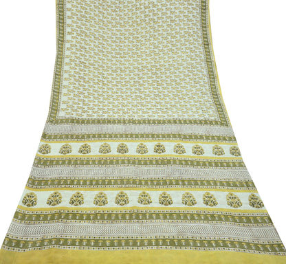 Indian Vintage Ivory Sarees Pure Cotton Block Printed Sari 5yd Sewing Craft Fabric DressMaking Soft Crafting Quilting Upcycle