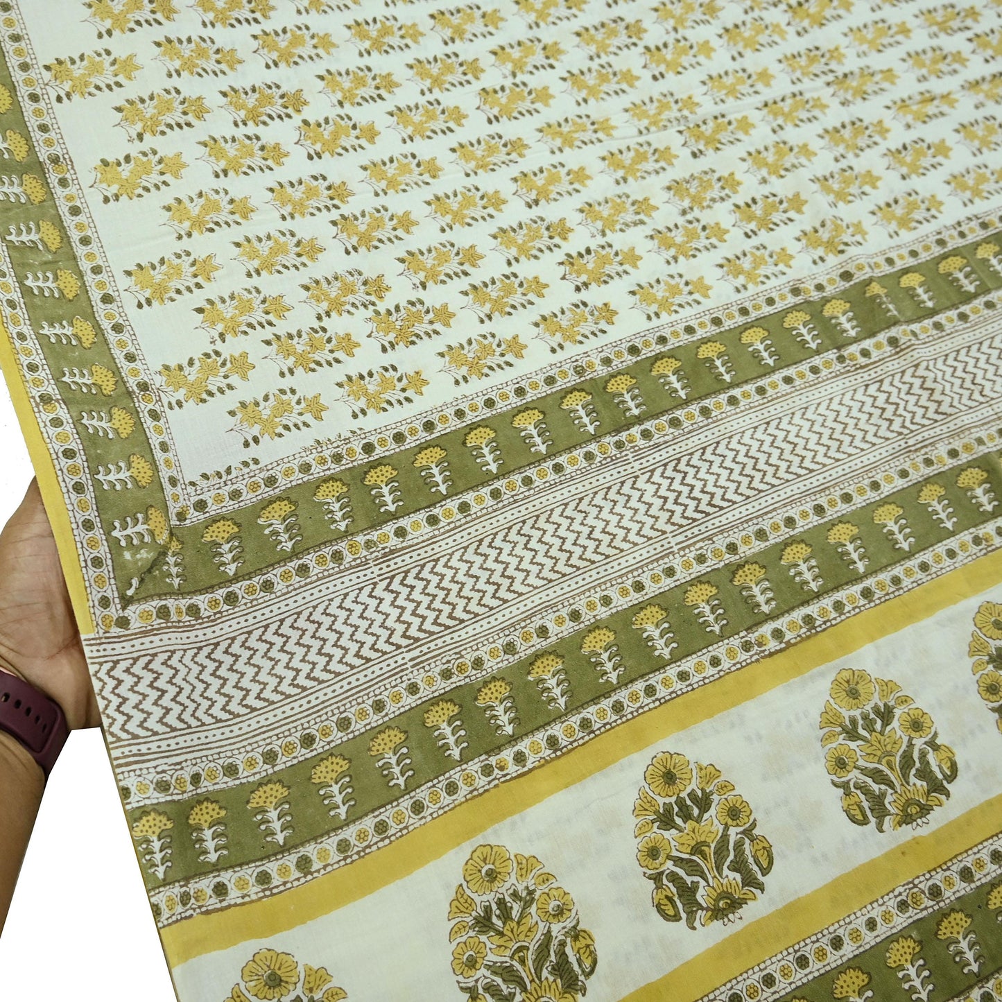 Indian Vintage Ivory Sarees Pure Cotton Block Printed Sari 5yd Sewing Craft Fabric DressMaking Soft Crafting Quilting Upcycle