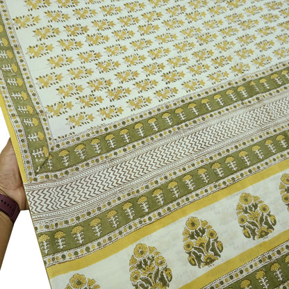 Indian Vintage Ivory Sarees Pure Cotton Block Printed Sari 5yd Sewing Craft Fabric DressMaking Soft Crafting Quilting Upcycle
