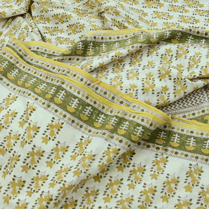 Indian Vintage Ivory Sarees Pure Cotton Block Printed Sari 5yd Sewing Craft Fabric DressMaking Soft Crafting Quilting Upcycle
