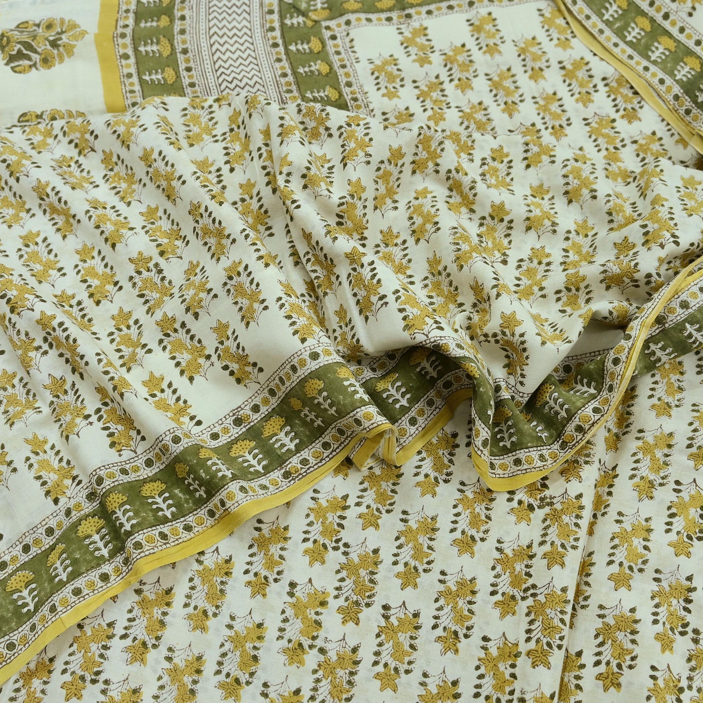 Indian Vintage Ivory Sarees Pure Cotton Block Printed Sari 5yd Sewing Craft Fabric DressMaking Soft Crafting Quilting Upcycle