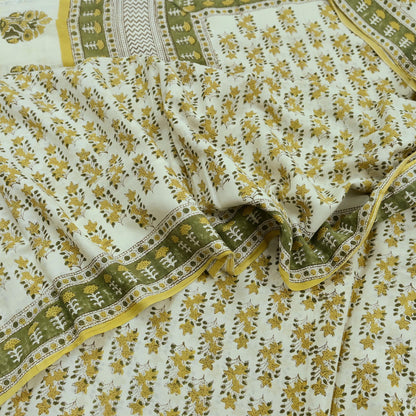 Indian Vintage Ivory Sarees Pure Cotton Block Printed Sari 5yd Sewing Craft Fabric DressMaking Soft Crafting Quilting Upcycle
