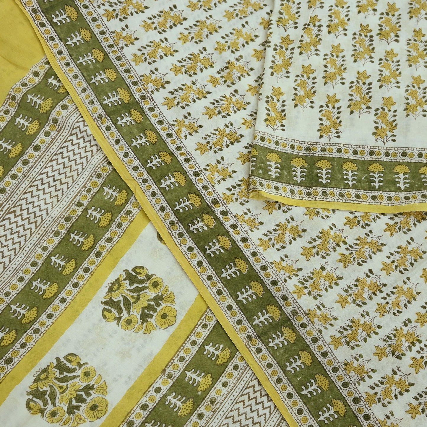 Indian Vintage Ivory Sarees Pure Cotton Block Printed Sari 5yd Sewing Craft Fabric DressMaking Soft Crafting Quilting Upcycle