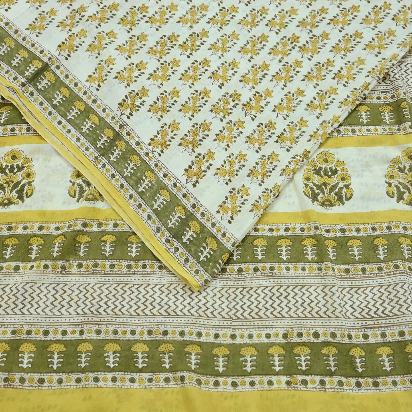 Indian Vintage Ivory Sarees Pure Cotton Block Printed Sari 5yd Sewing Craft Fabric DressMaking Soft Crafting Quilting Upcycle