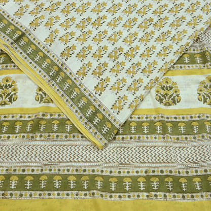 Indian Vintage Ivory Sarees Pure Cotton Block Printed Sari 5yd Sewing Craft Fabric DressMaking Soft Crafting Quilting Upcycle