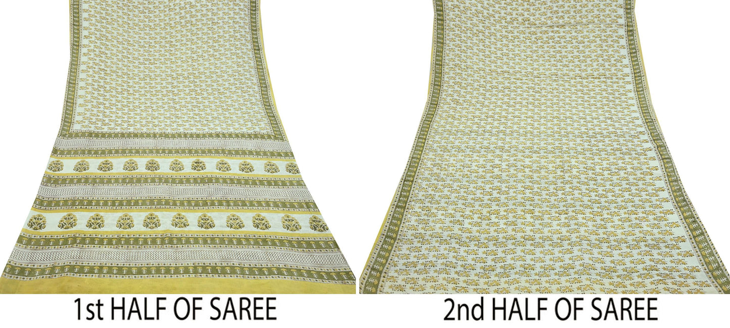 Indian Vintage Ivory Sarees Pure Cotton Block Printed Sari 5yd Sewing Craft Fabric DressMaking Soft Crafting Quilting Upcycle