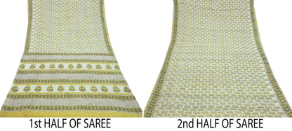 Indian Vintage Ivory Sarees Pure Cotton Block Printed Sari 5yd Sewing Craft Fabric DressMaking Soft Crafting Quilting Upcycle