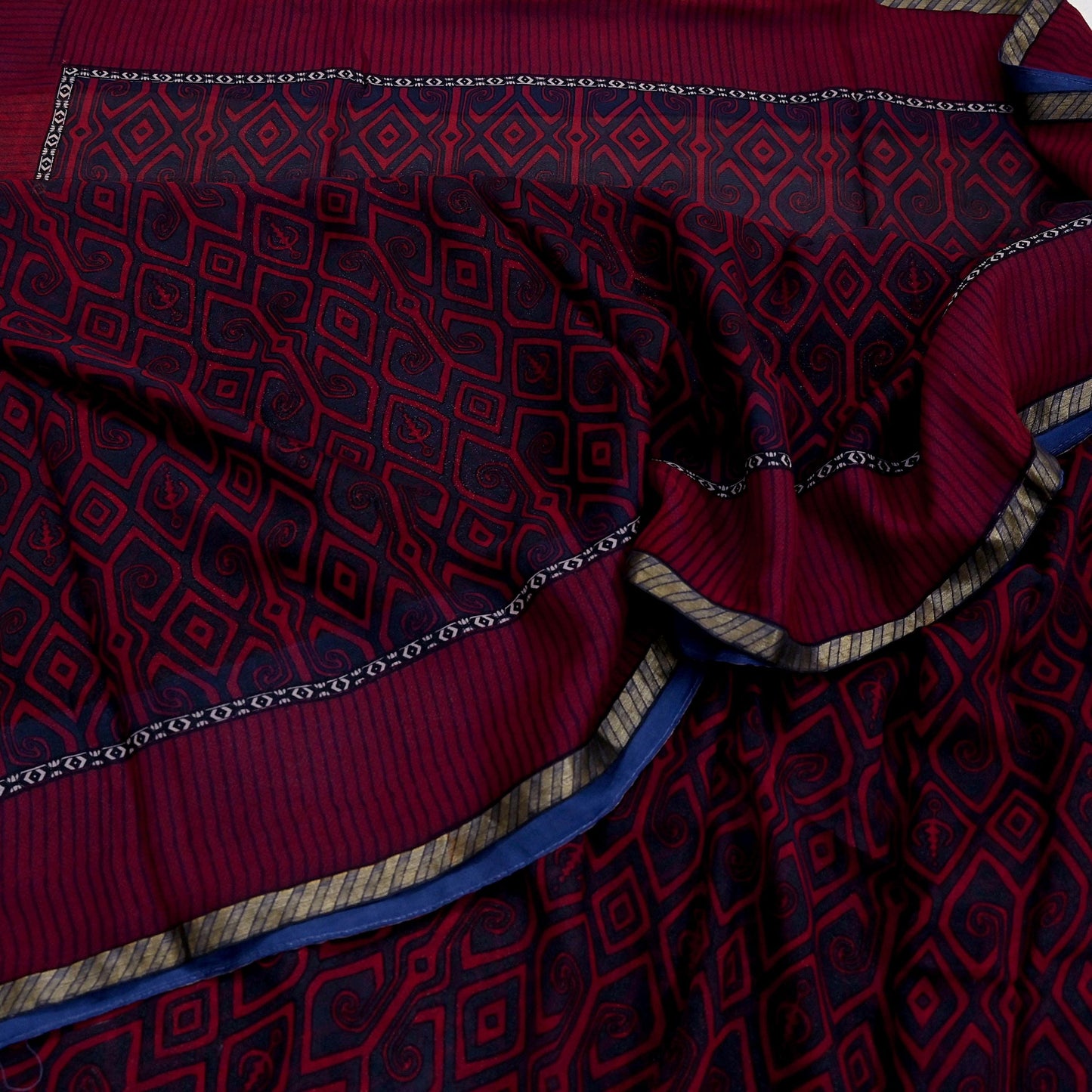 Women Vintage Sari Red & Gray Pure Georgette Silk Printed Saree Craft Fabric Sewing 5Yd Soft Light Dress Making Floral Crafting Quilting