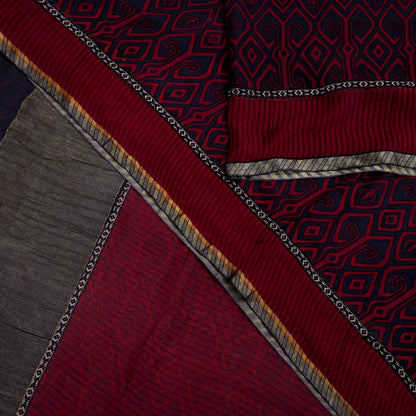 Women Vintage Sari Red & Gray Pure Georgette Silk Printed Saree Craft Fabric Sewing 5Yd Soft Light Dress Making Floral Crafting Quilting