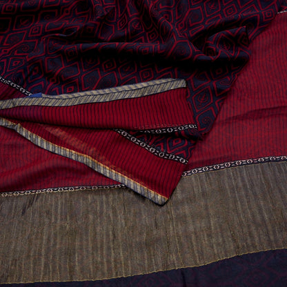 Women Vintage Sari Red & Gray Pure Georgette Silk Printed Saree Craft Fabric Sewing 5Yd Soft Light Dress Making Floral Crafting Quilting