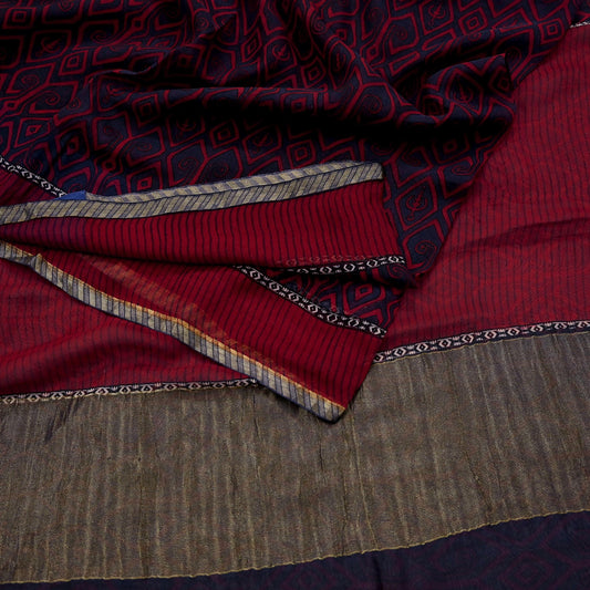 Women Vintage Sari Red & Gray Pure Georgette Silk Printed Saree Craft Fabric Sewing 5Yd Soft Light Dress Making Floral Crafting Quilting