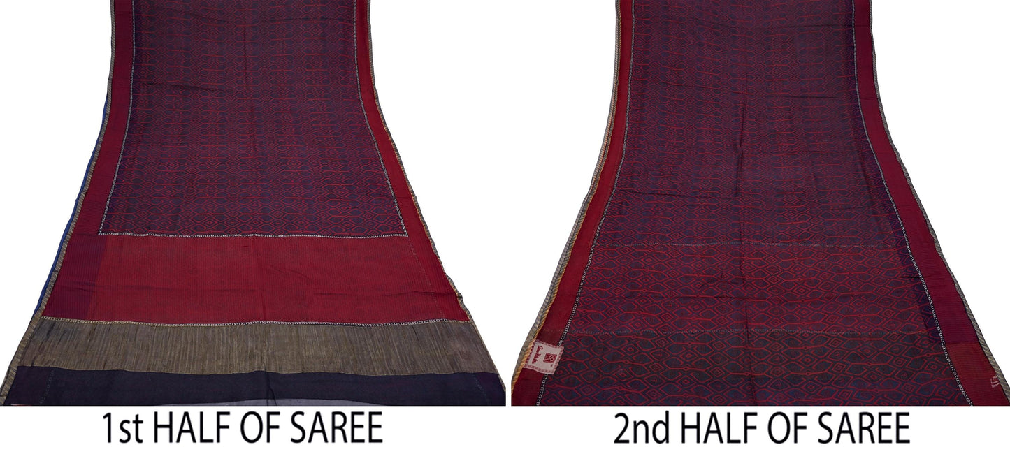 Women Vintage Sari Red & Gray Pure Georgette Silk Printed Saree Craft Fabric Sewing 5Yd Soft Light Dress Making Floral Crafting Quilting