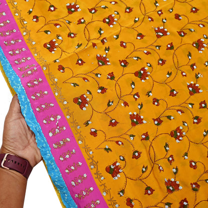 Indian Vintage Sari Saffron Pure Crepe Silk Hand Embroidered Saree 6yd Sewing Floral Craft Sequins Dress making Crafting Quilting