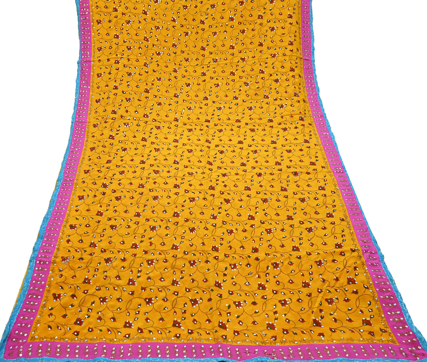 Indian Vintage Sari Saffron Pure Crepe Silk Hand Embroidered Saree 6yd Sewing Floral Craft Sequins Dress making Crafting Quilting