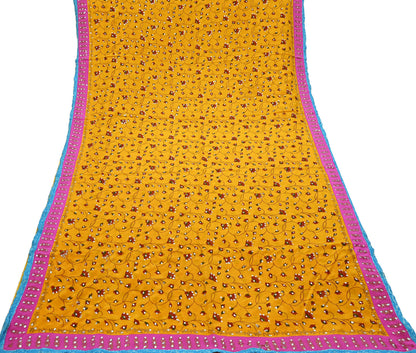 Indian Vintage Sari Saffron Pure Crepe Silk Hand Embroidered Saree 6yd Sewing Floral Craft Sequins Dress making Crafting Quilting