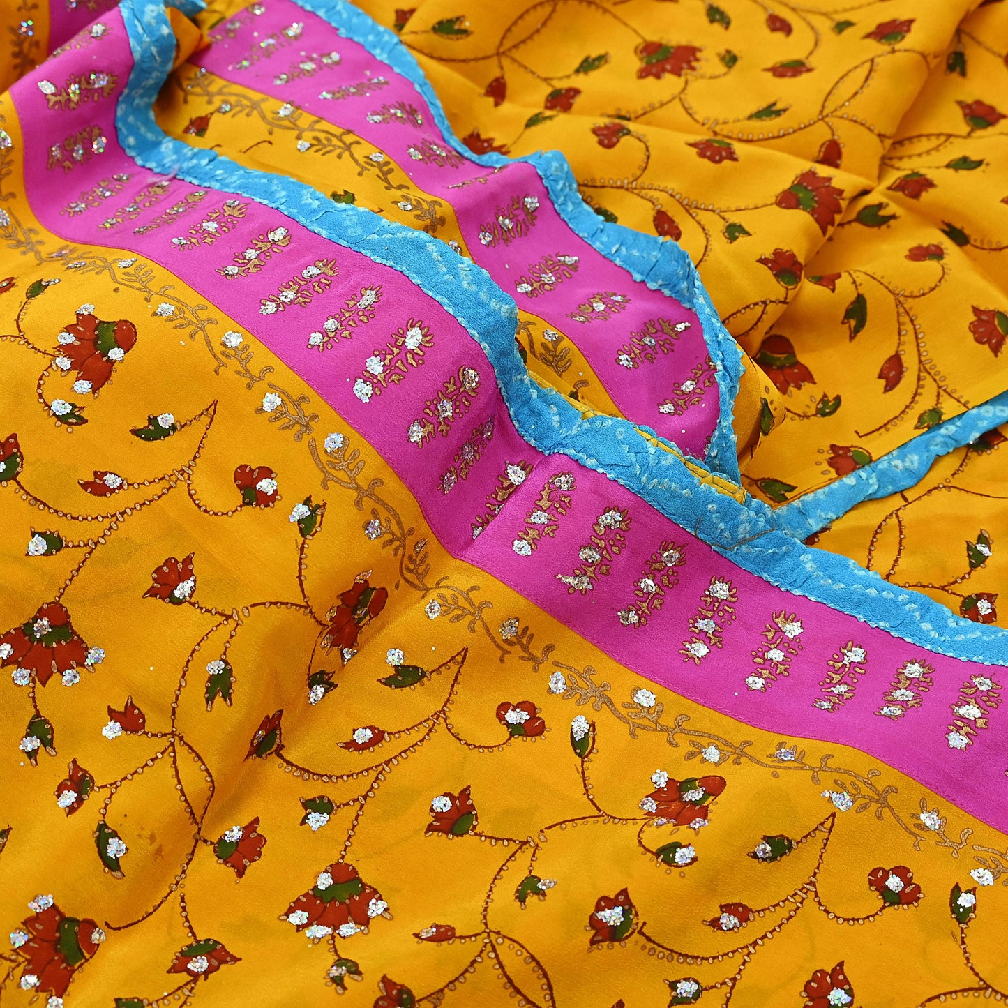 Indian Vintage Sari Saffron Pure Crepe Silk Hand Embroidered Saree 6yd Sewing Floral Craft Sequins Dress making Crafting Quilting