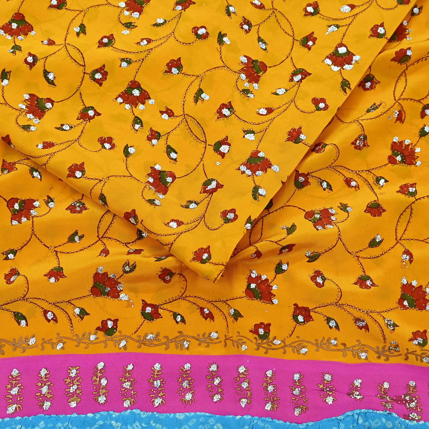 Indian Vintage Sari Saffron Pure Crepe Silk Hand Embroidered Saree 6yd Sewing Floral Craft Sequins Dress making Crafting Quilting