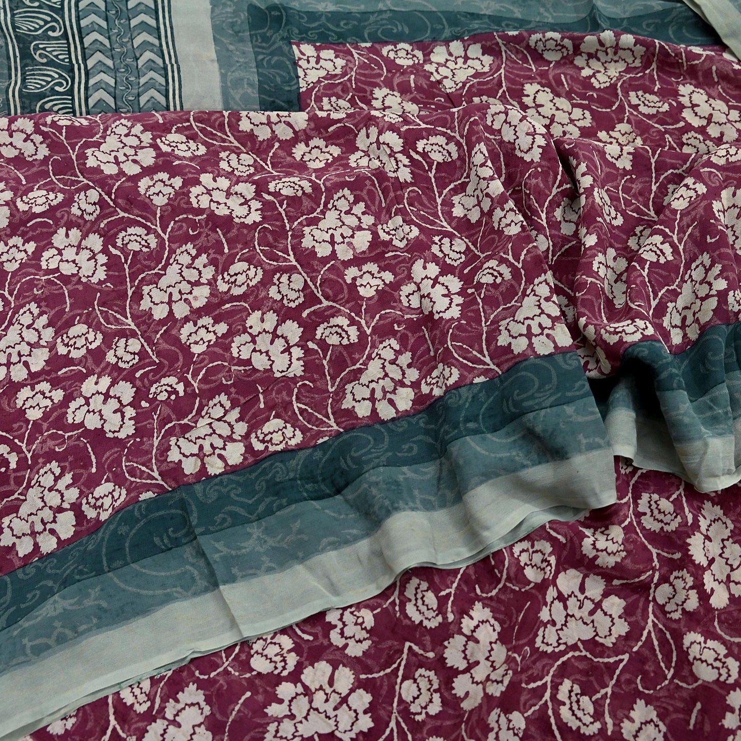Women Vintage Sari Green & Maroon Pure Georgette Silk Printed Saree Craft Fabric Sewing 5Yard Soft Light Dress Making Floral
