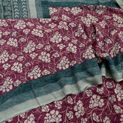 Women Vintage Sari Green & Maroon Pure Georgette Silk Printed Saree Craft Fabric Sewing 5Yard Soft Light Dress Making Floral