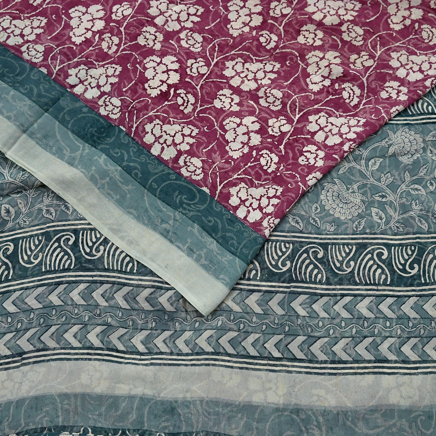 Women Vintage Sari Green & Maroon Pure Georgette Silk Printed Saree Craft Fabric Sewing 5Yard Soft Light Dress Making Floral