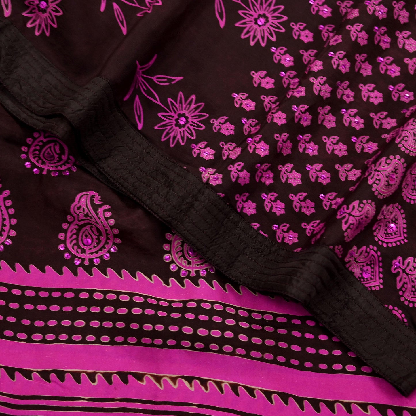 Indian Vintage Brown Dupatta Long Stole Hand Block Print Pure Silk Scarves Veil Hijab