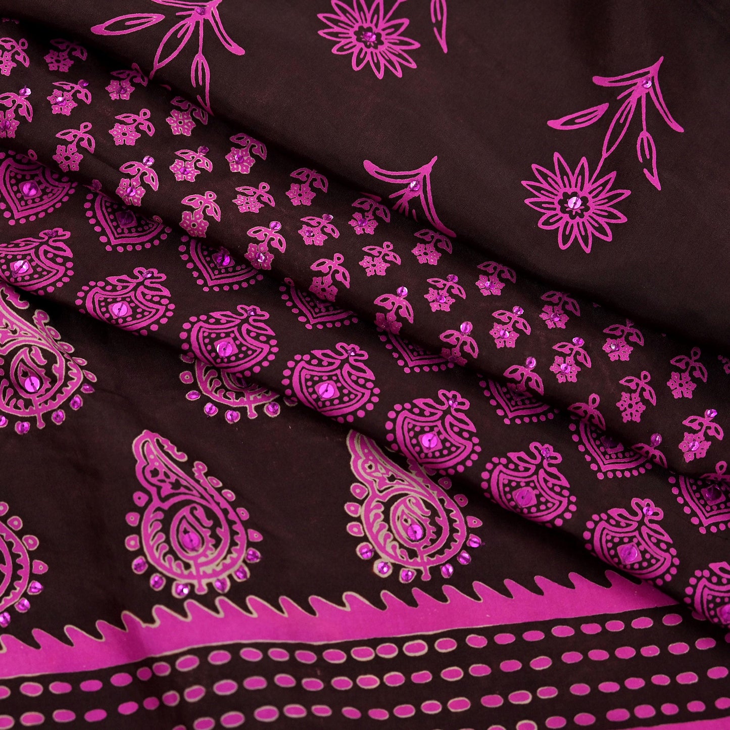 Indian Vintage Brown Dupatta Long Stole Hand Block Print Pure Silk Scarves Veil Hijab