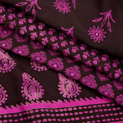 Indian Vintage Brown Dupatta Long Stole Hand Block Print Pure Silk Scarves Veil Hijab