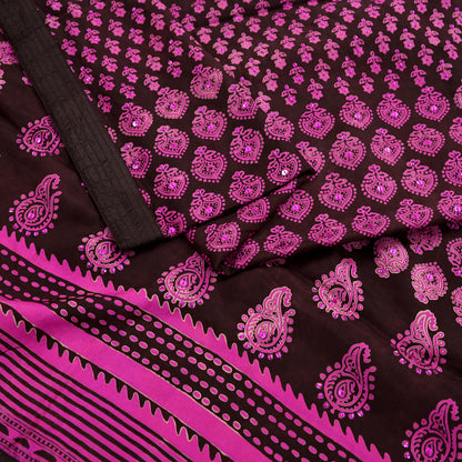 Indian Vintage Brown Dupatta Long Stole Hand Block Print Pure Silk Scarves Veil Hijab