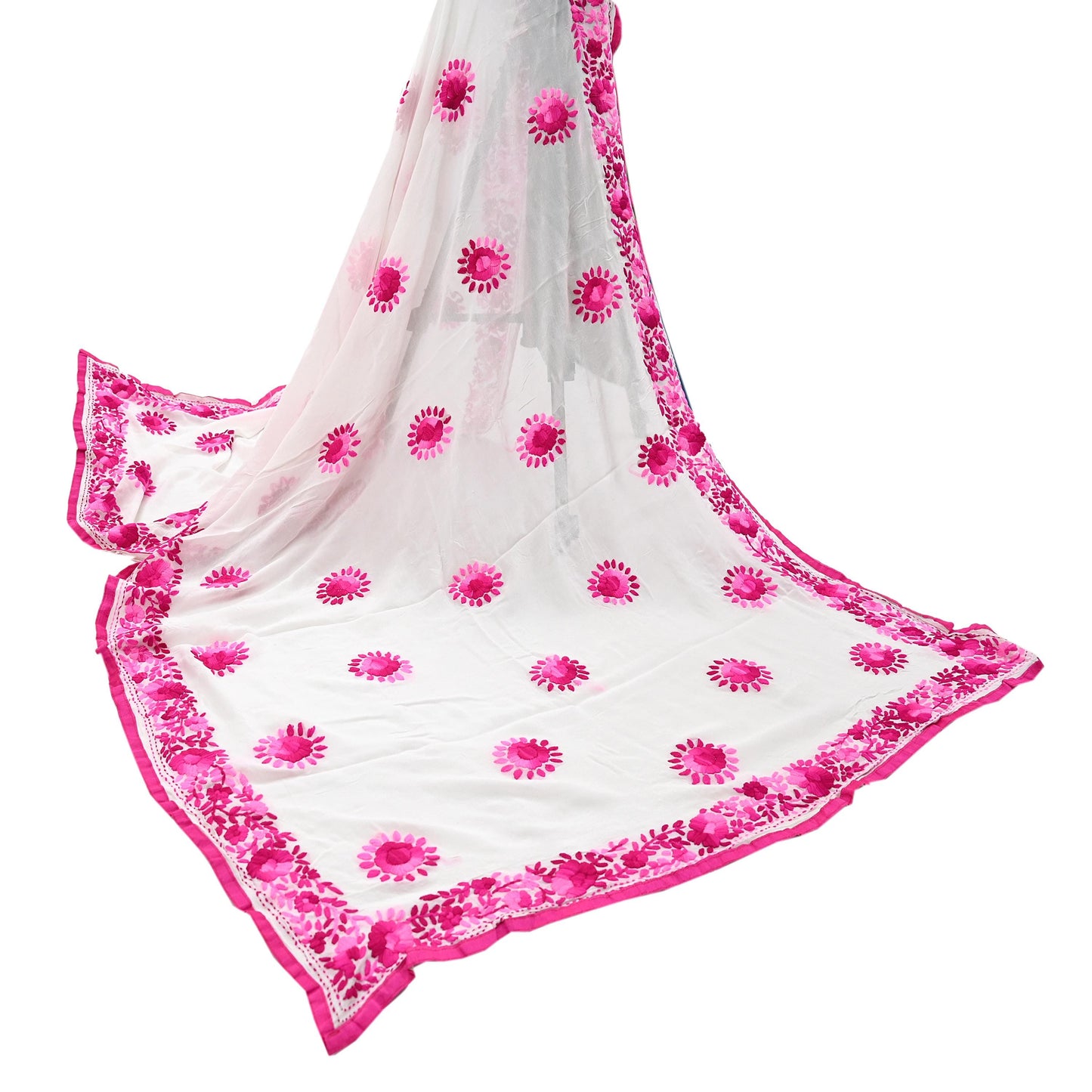 Indian Vintage Dupatta White Long Stole Blend Georgette Hand Embroidered Phulkari Stole Scarves Party wear