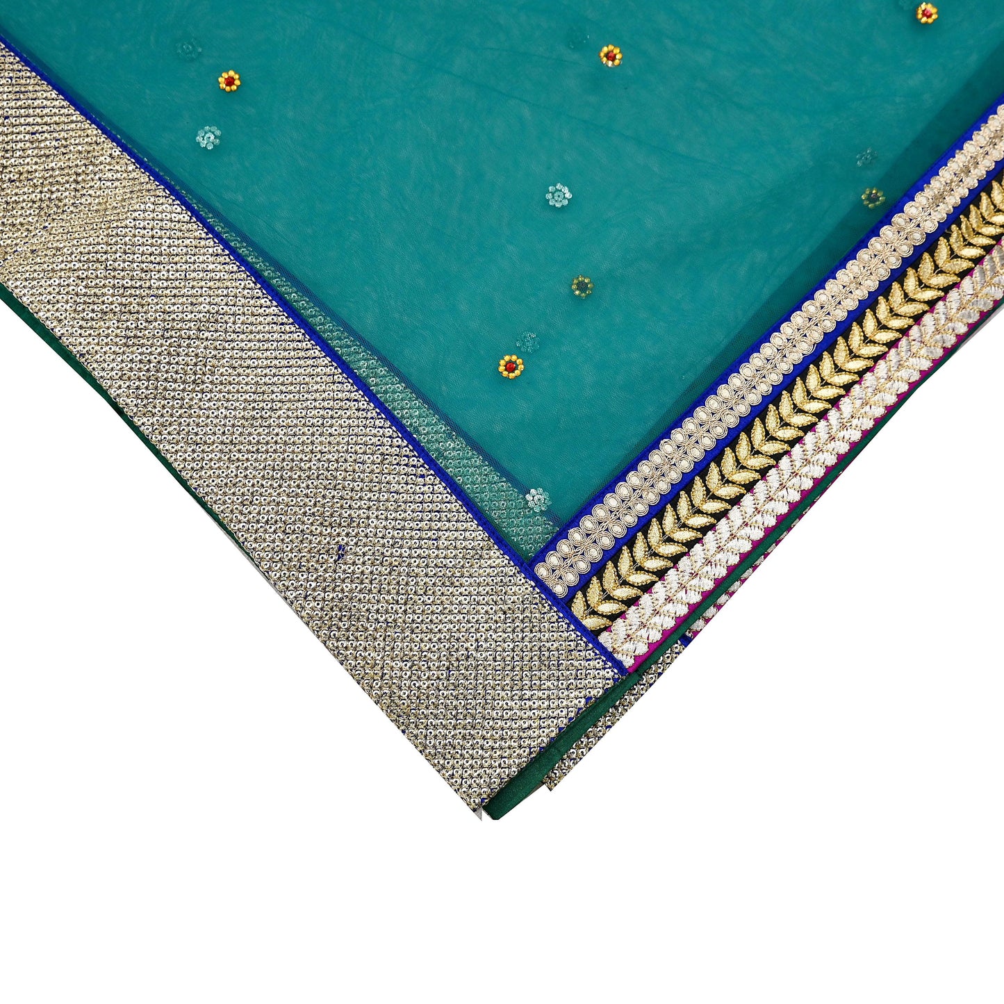 Indian Vintage Green Dupatta Net Mesh Long Stole Hand Embroidered Scarves Zari Sequins Stole
