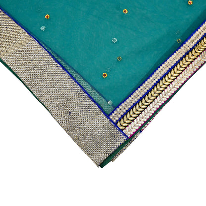 Indian Vintage Green Dupatta Net Mesh Long Stole Hand Embroidered Scarves Zari Sequins Stole