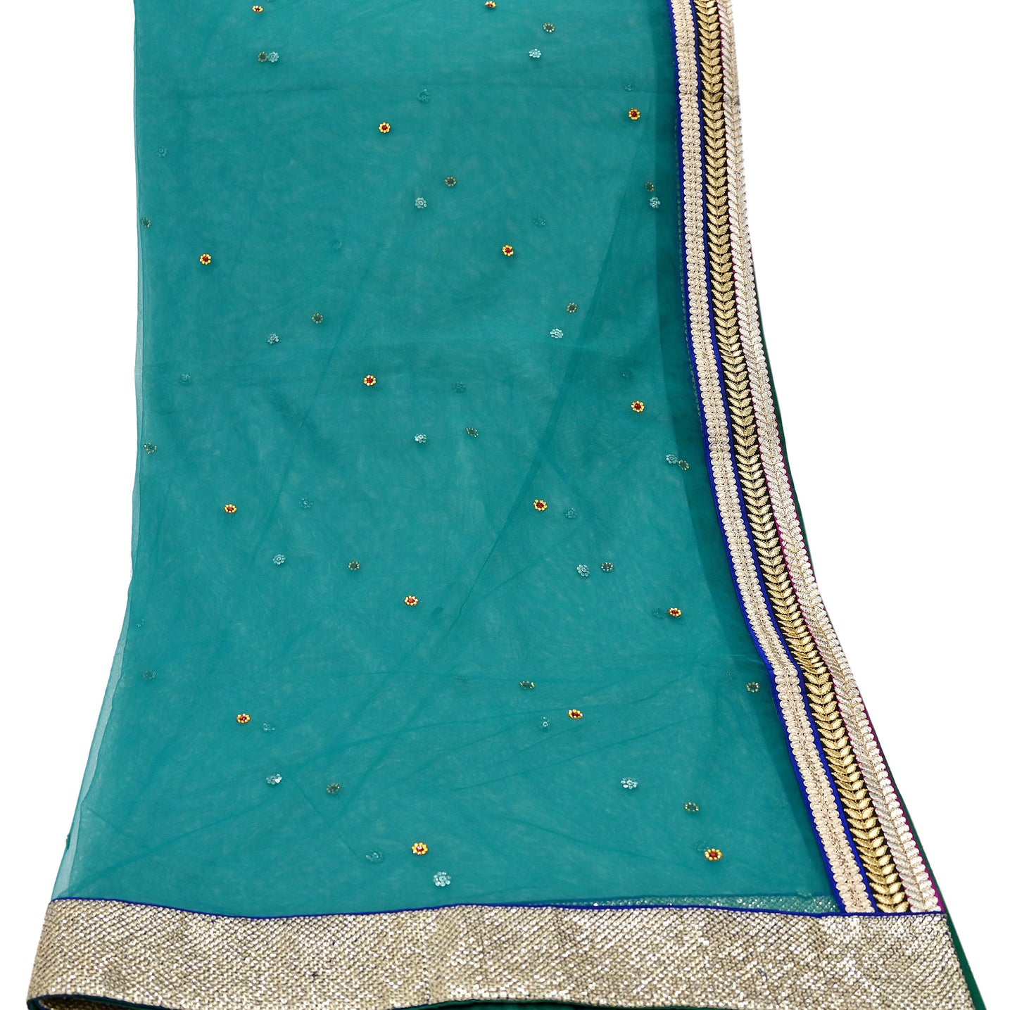 Indian Vintage Green Dupatta Net Mesh Long Stole Hand Embroidered Scarves Zari Sequins Stole