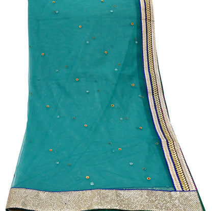 Indian Vintage Green Dupatta Net Mesh Long Stole Hand Embroidered Scarves Zari Sequins Stole