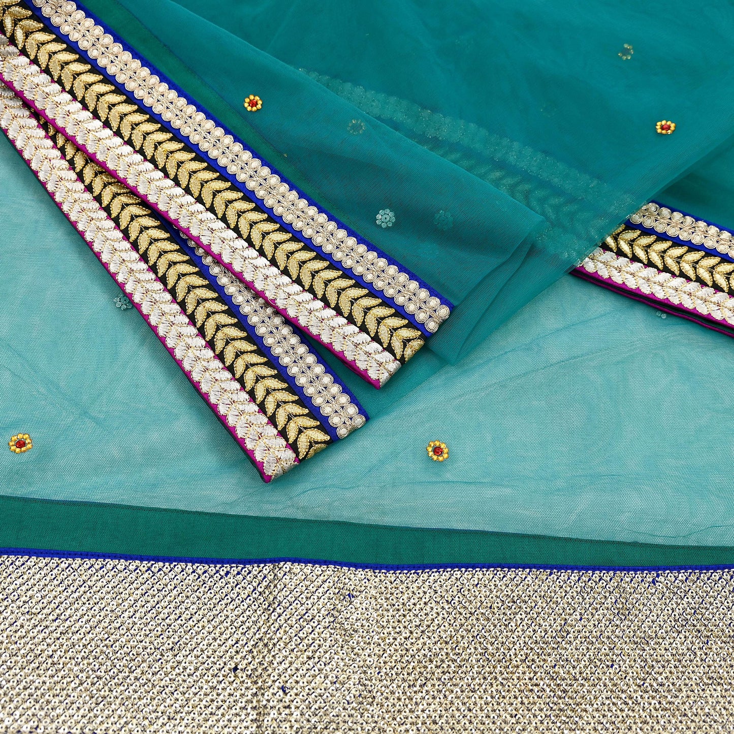 Indian Vintage Green Dupatta Net Mesh Long Stole Hand Embroidered Scarves Zari Sequins Stole