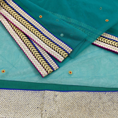 Indian Vintage Green Dupatta Net Mesh Long Stole Hand Embroidered Scarves Zari Sequins Stole