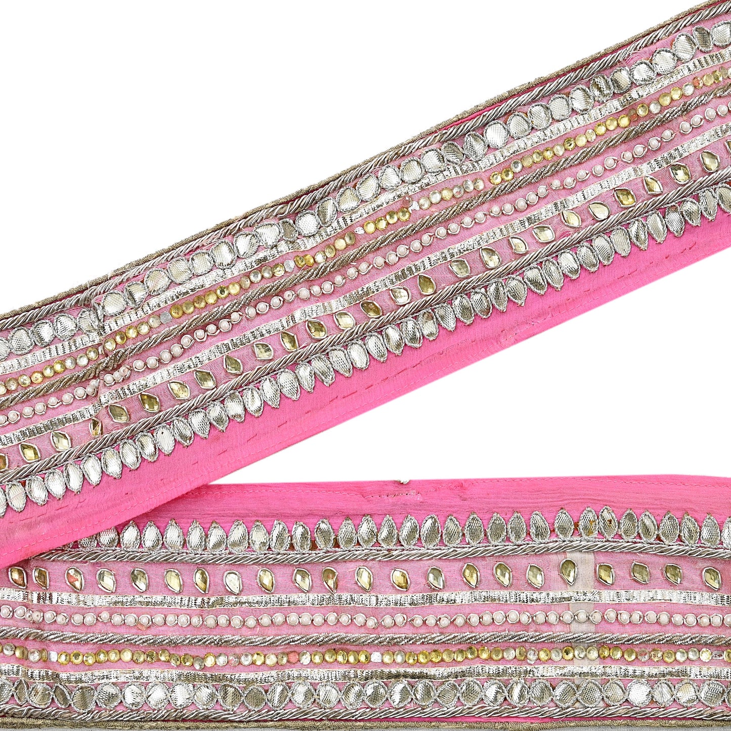 Indian Vintage Pink Sari Border Hand Embroidered Gota Patti Craft Trim Lace Sewing Sari Ribbon Pure silk  Zardozi/Dabka Zari