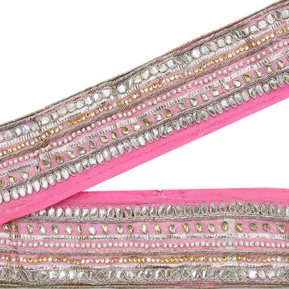 Indian Vintage Pink Sari Border Hand Embroidered Gota Patti Craft Trim Lace Sewing Sari Ribbon Pure silk  Zardozi/Dabka Zari