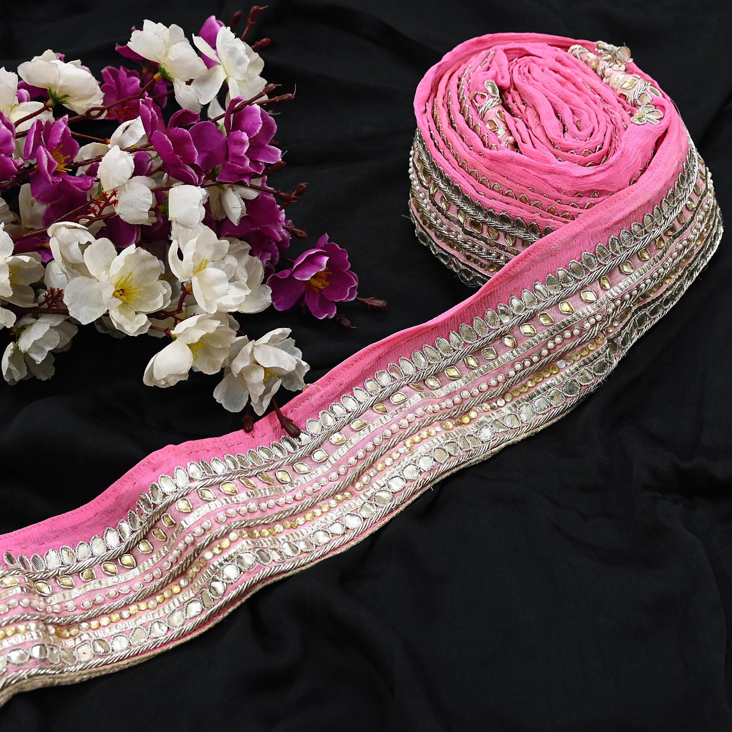 Indian Vintage Pink Sari Border Hand Embroidered Gota Patti Craft Trim Lace Sewing Sari Ribbon Pure silk  Zardozi/Dabka Zari