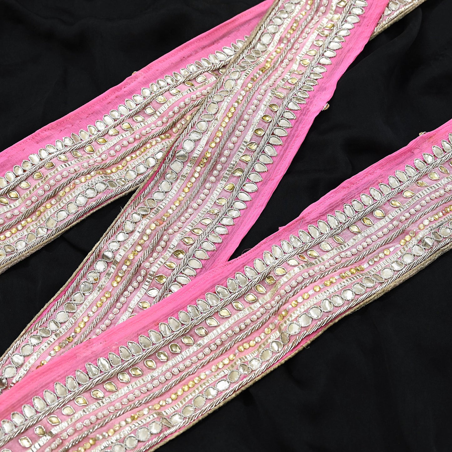 Indian Vintage Pink Sari Border Hand Embroidered Gota Patti Craft Trim Lace Sewing Sari Ribbon Pure silk  Zardozi/Dabka Zari