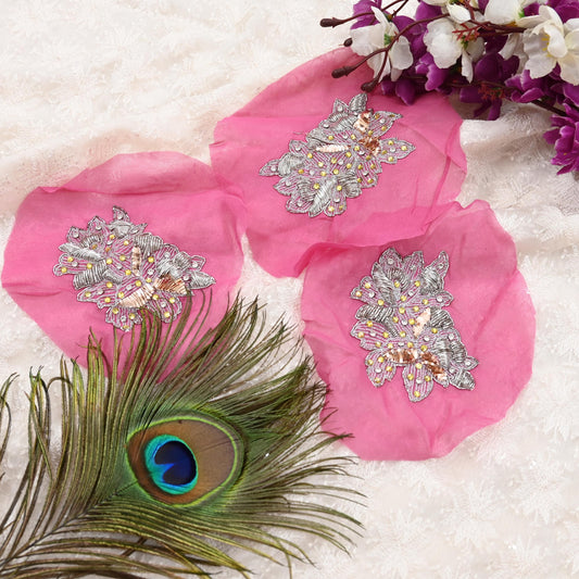 Indian Vintage Pink Pure Georgette Silk Appliques  Set of 3 | Hand-Embroidered Floral Patches with Zardozi, Dabka, Zari,for Craft, Journals