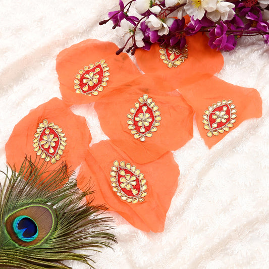 Indian Vintage Orange Pure Georgette Silk Appliques  Set of 6 | Hand-Embroidered Floral Patches with Zardozi, Dabka, for Craft, Journals
