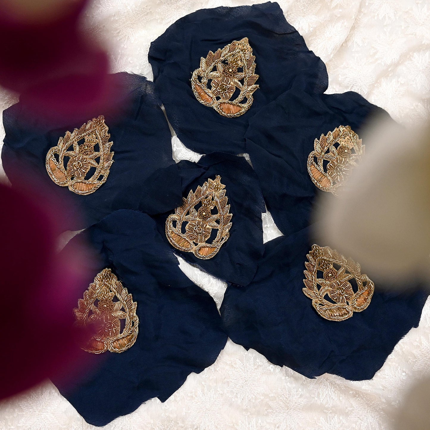 Indian Vintage Blue Pure Crepe Silk Appliques  Set of 6 | Hand-Embroidered Floral Patches with Zardozi, Dabka, Zari,for Craft, Journals