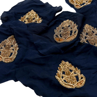 Indian Vintage Blue Pure Crepe Silk Appliques  Set of 6 | Hand-Embroidered Floral Patches with Zardozi, Dabka, Zari,for Craft, Journals